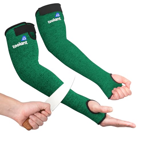 Image of OriStout Cut Resistant Farmer Sleeves with Tumb Hole, Dark Green, 1 Pair | Arm Protectors for Thin Skin and Bruising, Arm Guards for Biting, Pet Grooming, Gardening, Welding, Kitchen, One Size