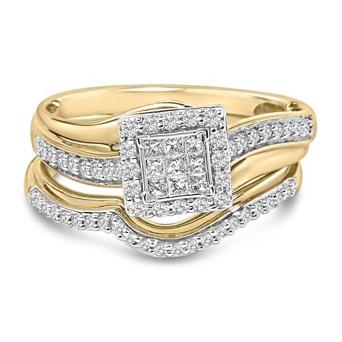 14K Yellow Gold Plated Sterling Silver 1/2 Cttw Princess Square Diamond Bridal Set - Size 7