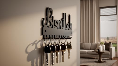 Image of Ventuos Bismillah Islamic Metal Key Holder Wall Hanging | 1.2 mm Thick Mild Steel | Decorative Entrance Key Stand | Home & Office Wall Decor | Black