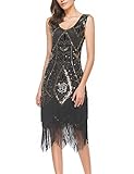 Women's Roaring 20s V-Neck Gatsby Dresses- Vintage Inpired Sequin Beaded Flapper Dresses (XL,Black Gold)