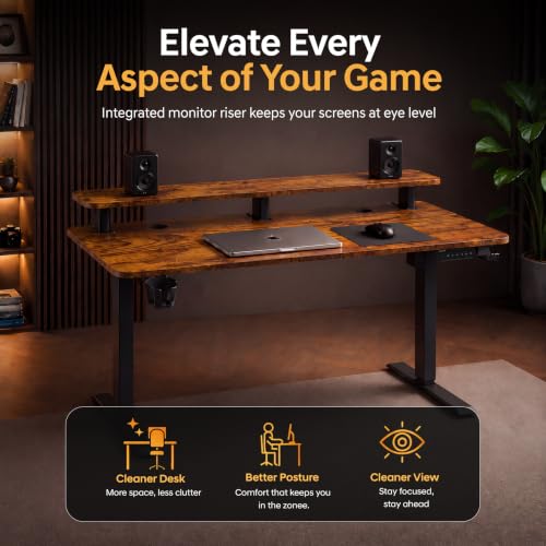 Image of DrLuxur Zenith Momentum Electric Standing Desk 140x60cm | Monitor Riser | One-Piece 15mm Tabletop | Height Adjustable 70-114cm | 3 Memory Presets | BIS Certified | Child Lock | 5 Year Warranty (RUST)
