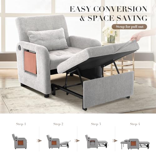 COLAMY Convertible Sleeper Chair-Fabric Futon Sofa Bed, Single Sleeper Sofa, Small Couch Bed with USB Port, Foldable Table, Pillow, Adjustable Backrest for Dorm/Bedroom/College Lightgrey by COLAMY - Used condition - Image 2