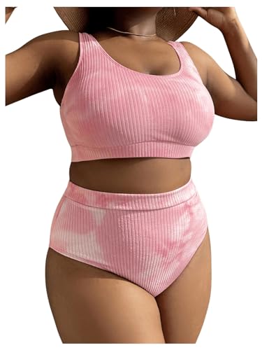 MakeMeChic Women's Plus Size 2 Piece Bikini Sets Textured Tie Dye High Waist Summer Swimsuit Bathing Suit