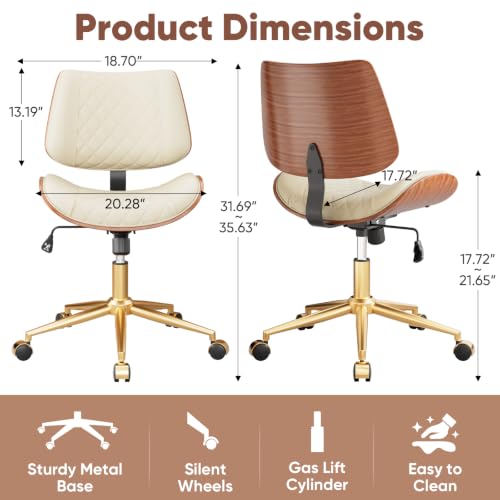 Image of Armless Office Chair with Back, Mid Century Modern Small Desk Chair, No Arms Leather Computer Chair for Home Office, Swivel Vanity Chair, Rolling, Adjustable Height (Ivory)