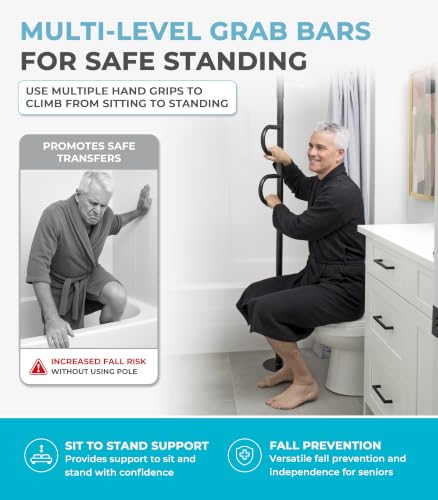 Image of Stander Double Handle Non-Rotating Floor to Ceiling Grab Bar, No-Drill Tension Mounted Transfer Pole for Seniors, Bath Safety & Bedside Assist Rail for Home Standing Support & Fall Prevention, Black