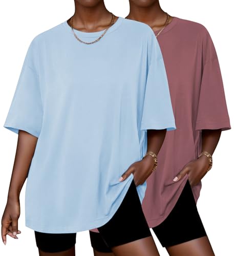 Image of Ekouaer 2 Pack Womens Tops Short Sleeve Oversized T Shirts Summer Spring Tops 2025 Basic Casual Tee Top S-XXL