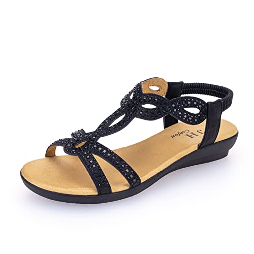 VJH confort Women’s Flat Sandals,Comfort Elastic Strap Rhinestone Open Toe Slip-On Casual Walking Sandals