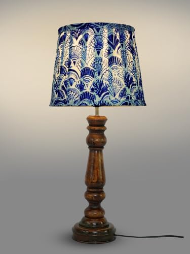 Image of Green Girgit Classic Wooden Lamp in Walnut Brown Color with Pleeted Multiolor Blue Feathers Shade, Vintage Wooden Table Lamp with Feather Print Shade, Decorative Light for Bedroom (LED Bulb Included)