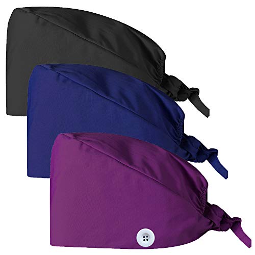 CHUANGLI 3Pcs Gourd-Shaped Working Caps with Upgrade Sweatband Adjustable Bouffant Hats Headwear - Women/Men (A04#Black+Royal Blue+Dark Purple)