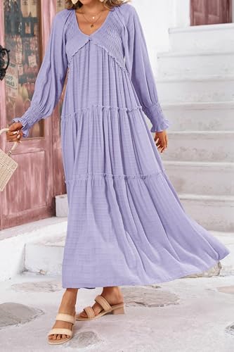 Women Summer Casual V Neck Long Sleeve Maxi Dresses 2025 Solid Ruffle Tiered Pleated Flowy Long Wedding Guest Dress3