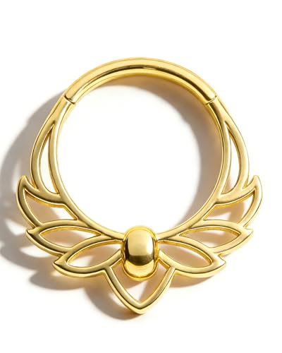 COCHARM Lotus Septum Rings 16G，316L Surgical Steel Hinged Segment Septum Nose Rings, 10MM Gold Helix Daith Piercing Jewelry
