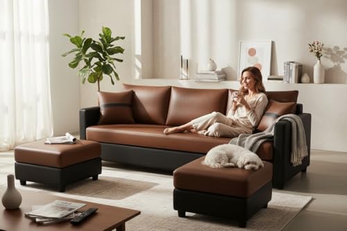 Image of FURNY Opalz Premium 3 Seater Leatherette Sofa Set with 2 Ottomans for Living Room-Modern Fabric Sofa for Living Room | in Dual Brown Color in Leatherette | Durable Comfort | Modern