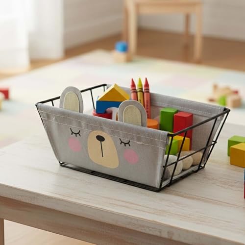Image of Go Hooked Cute Grey Bear Design Storage Basket for Kids | Strong Metal Wire Organizer with Detachable Fabric Liner | Multipurpose Basket for Toys, Fruits, Snacks, Bathroom, Wardrobe & Home Decor