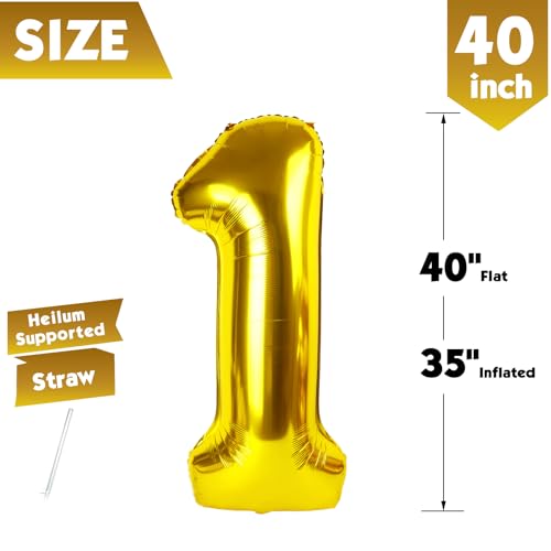 Image of 40 Inch Gold Number 1 Balloon Birthday Party Decorations for Men & Women | 40 Inch Gold inflatable foil number balloons, large birthday decorations for 1st birthday