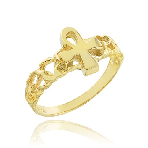 Solid 10k Yellow Gold Nugget Band Egyptian Ankh Cross Knuckle Ring, Size 7.5