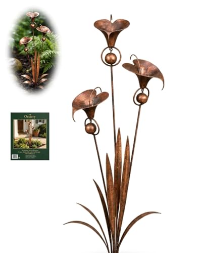 Orxiery Flamed Copper Calla Lily Garden Stake with Bells Metal Flower Yard Art Decor Outdoor Wind Chime Stake for Lawn Patio Garden Rustic Handmade Yard Ornament Gift(1pc)