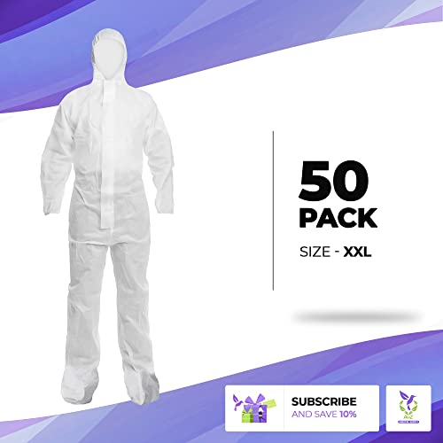 Amz Medical Supply Disposable Coveralls For Men, Women, Large, Pack Of 5 White Hazmat Suits Disposable With Hood, Boots, Elastic Cuffs, Waterproof And Dense 60Gsm Sms Disposable Hazmat Suit Costume #TOP1