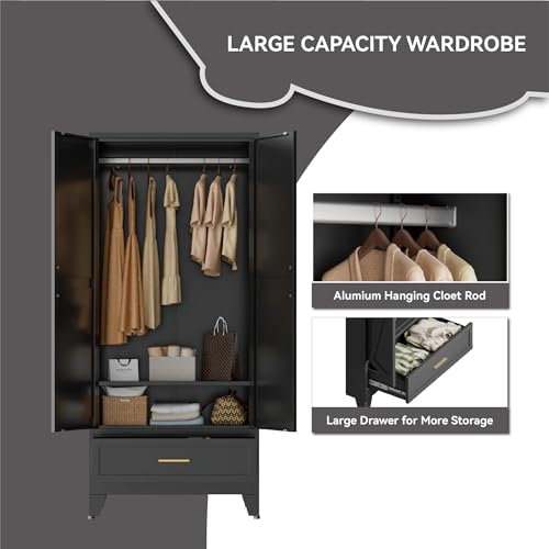 Image of Black Metal Wardrobe Closet, Steel Armoire Wardrobe with Drawer Clothes Cabinet for Bedroom, 71 inch Tall Farmhouse Armoire Closet with Drawer, Shelf and 2 Doors Clothing Storage Cabinet with Hanging Rod