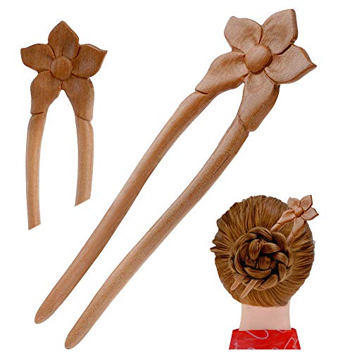 FINGER LOVE Handmade Carved 2-Prong Wooden Hairpin vintage Chopsticks Chinese Decorative Accessory Wood Floral Hair Stick Peachwood