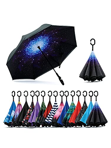 Basket* Windproof Upside Down Printed Reverse Umbrella with C-Shaped Handle