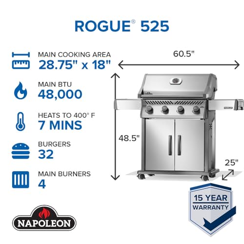 Image of Napoleon Rogue 525 Natural Gas Grill, Stainless Steel, Durable 4-Burner Gas Grill