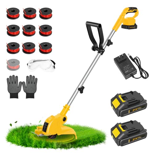 ALSO GO 21V Cordless Weed Wacker, Weed Eater Battery Powered with 2 x2.0Ah Batteries and 10 Spare Spools, 12''Grass Trimmer with Auto Line Feed, 2-in-1 Grass Trimmer& Edger Lawn Tool for Yard, Garden