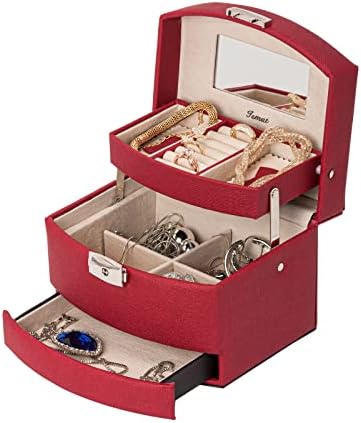 IsmatDecor - Jewellery Box with Mirror and Lock - 3 Levels - Jewellery Organizer for Rings, Earrings, Bracelets, Necklaces - Synthetic Leather and Velvet