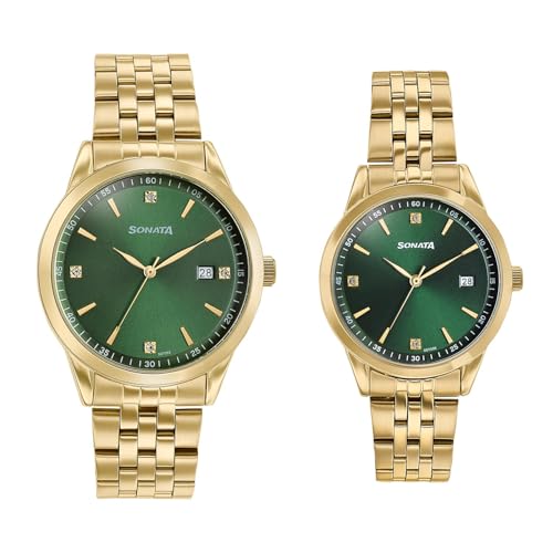 Image of Sonata Jashn with Quartz Analog Green Dial Gold Strap Men and Women (Pair) Wedding Watch - 7721287126YM01