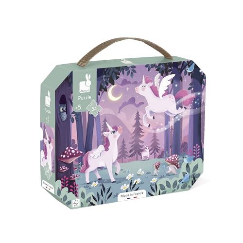 Janod Puzzle 54 Piezas - Tema Unicornio - Juego Educativo de motricidad Fina y concentración - Estuche con asa - Fabricado en Francia - Certificado FSC - Tintas Vegetales - A Partir de 5 años,J02555