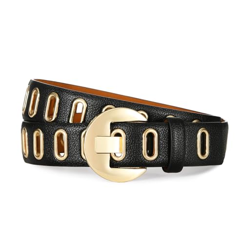 Womens Black Belt with Gold Buckle Grommet Casual Stylish Waist Belt for Pants and Dress