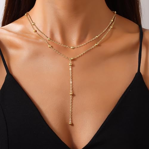 Lariat Gold Necklace, Y-Shaped Layered Long Necklace 18K Gold Plated Pendant Choker Dangle Drop Necklaces Trendy Beaded Chain Simple Dainty Jewelry for Women Gift2