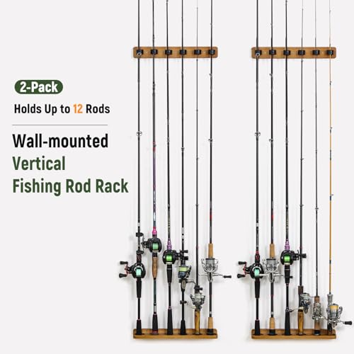 image for LANDNEOO Fishing Rod Holder Vertical 2 Pack, Wooden Wall Mounted Rod R
