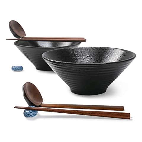 Ramen Bowl Sets, 2×1500ml Pottery Noodle Bowls Cover
