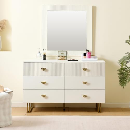 Merax Credenza con specchio da parete – Design elegante in bianco con accenti dorati, 6 cassetti per lo spazio – Ideale per corridoio, camera da letto o soggiorno – Set di mobili di lusso