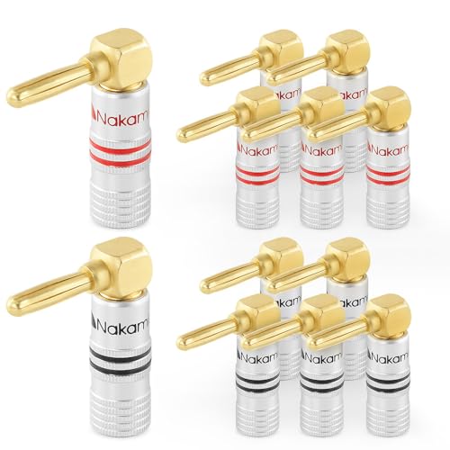 Nakamichi Excel Series 24k Gold Plated Right Angle Banana Plug 12-18 AWG Gauge Size 4mm for Speakers Amplifier Hi-Fi AV Stereo Home Theatre Audio Wire Cable Screw Connector, 12 Pcs (6-Pairs)