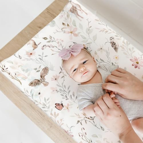 Image of GRSSDER Stretch Ultra Soft Jersey Knit Changing Pad Cover Set 2 Pack, Change Table Pad Covers Fit 32 inch /34 inch x 16 inch Pads Safe and Snug, Beautiful Blush Pink Floral and Cute Animals Print for Girls