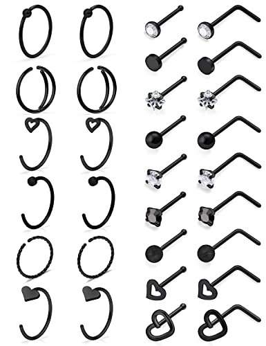 20g Nose Rings Studs Hoops Piercings Jewelry for Women Hypoallergenic Black Rainbow Surgical Steel Straight l Shaped Bars