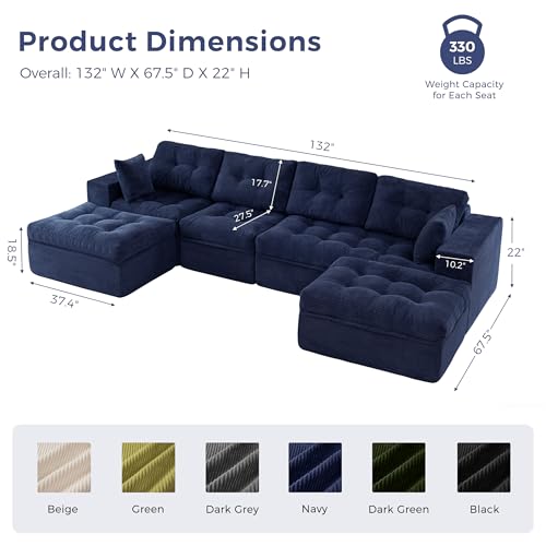 Image of MAXYOYO 132 inch U Shaped Modular Sectional Sofa with 2 Ottomans, Cloud Boneless Couch with Layered Cushion, Flexible Module Combination Sofa for Living Room, No Assembly Required, Navy