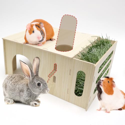 GHWMYD Maisonnette avec Mangeoire à Foin pour Lapin, 2 en 1 Cabane Cochon d'Inde en Bois avec Distributeur de Nourriture pour Petits Animaux de Compagnie, Hamsters...