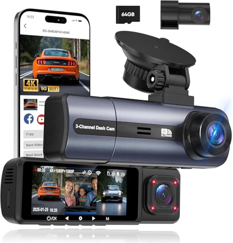 ORSKEY 3 Channel 4K Dash Cam with APP Control & 5GHz WiFi, 4K/2.5K+1080P+1080P Front Inside and...