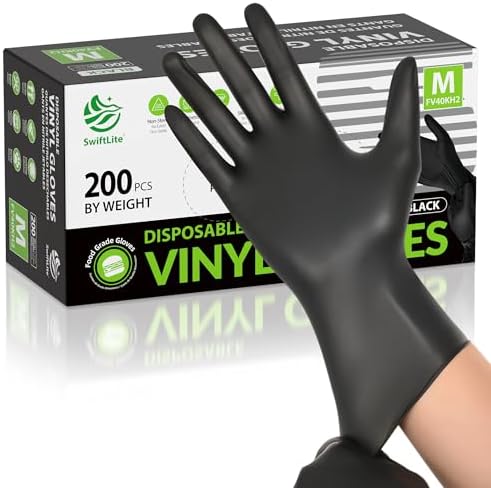 SWIFTLITE Disposable Vinyl Gloves, 200-Count Food Safe Gloves, Latex-Free Powder-Free Black Plastic Gloves for Cooking, House Cleaning, Food Prep, 3-mil Large