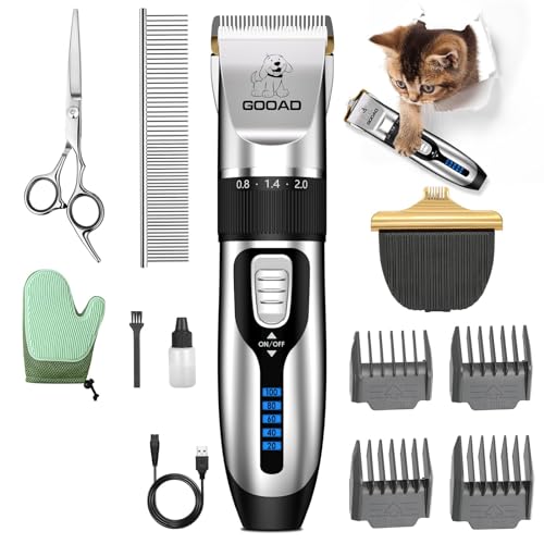 Gooad Cat Clippers for Matted Hair, Cordless Low Noise Pet Shaver & Grooming Kit with Paw Trimmer for Dogs and Cats, Professional Detangler for Thick Coats (Silver)