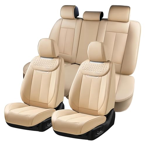Image of Coverado Car Seat Covers Full Set, Seat Covers Waterproof, Nappa Leather Seat Covers for Cars, Front and Back Car Seat Protector, Breathable Seat Cushion, Seat Cover Universal Fit Most Cars(Beige)