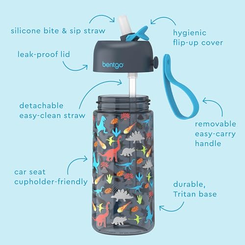 Bentgo Kids Water Bottle - Leak-Proof, Durable Tritan, BPA-Free 15 oz. Cup for Kids/Toddlers Ages 3+, Bite & Sip Spout, Carrying Handle & Dishwasher Safe for School, Sports, Daycare & Camp (Dinosaur)