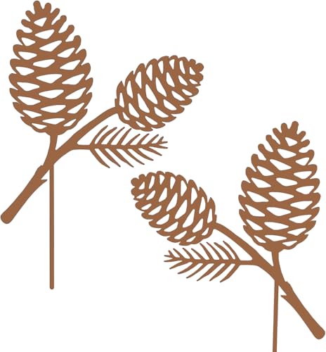 KRONLY 2er Set Roststecker Tannenzapfen mit Zweigen – Gartenstecker Metall – Edelrost Deko für Garten, Beet & Adventskranz – wetterfeste Gartendeko Tanne – Weihnachtsdeko