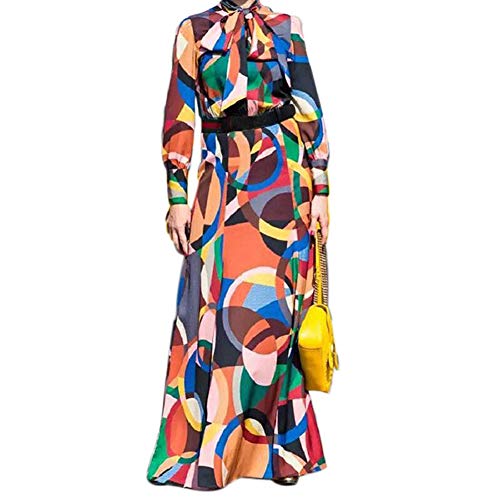Women Vintage Long Sleeve Lace-Up Dresses Geometric Floral Pattern Bow Collar Bodycon Maxi Dress (Fashion, XL)