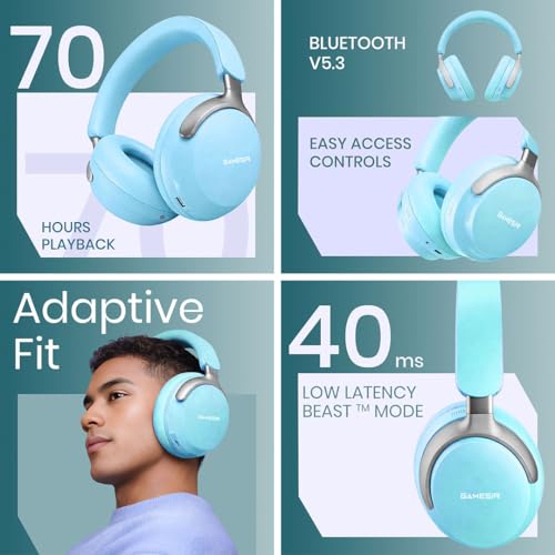 Image of GameSir Bass Wireless Headphones with 40mm Drivers, Deep Bass Stereo Sound, Bluetooth 5.3, Over-Ear Noise Isolation Headset with LED Light, Built-in Mic for PC, Mobile & Laptop (Blue)