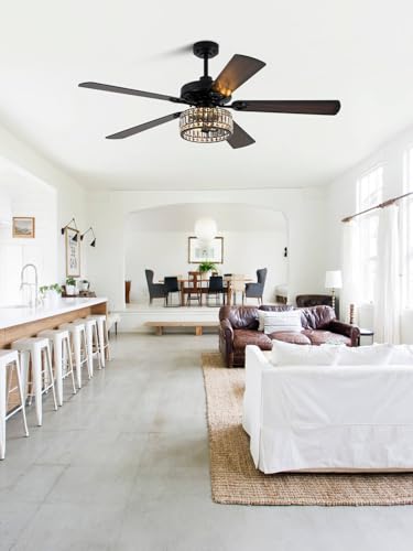 Image of 60 Inch Crystal Ceiling Fan with Lights Remote Large Chandelier Ceiling Fan Crystal Caged Fandelier, Indoor Outdoor 5 Dual Blades Reversible Quiet DC Motor 6 Speeds for Living Room Patio
