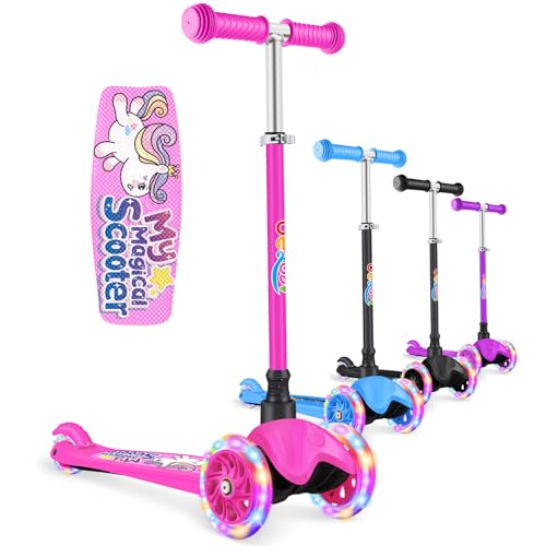 BELEEV Kids Scooter, 3 Wheel, Light-Up Wheels, Adjustable Height, Cartoon Pink