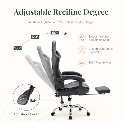Image of Computer Gaming Chair with Footrest, Ergonomic High Back PU Leather Video Racing Chair with Adjustable Headrest & Linkage Armrest, for Office and Home, Adults, Grey